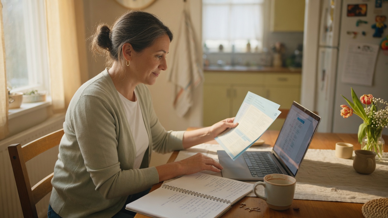 Parent preparing questions from medical documents at home