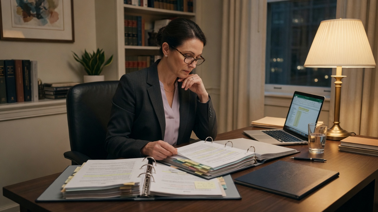 Compliance professional reviewing policy binders
