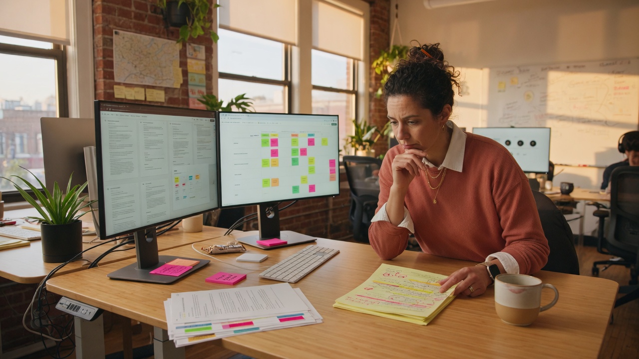 Product manager reviewing research and competitive notes