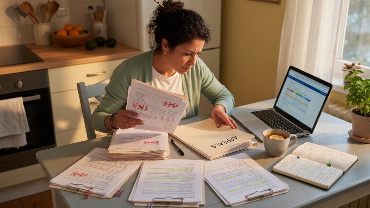 Person organizing insurance denial letters and policy documents
